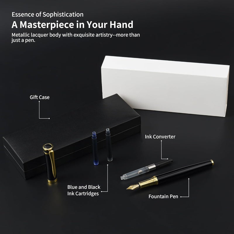 lucilynx Fountain Pen, Medium Nib, Includes 8 Ink Cartridges [Black & Blue] & Ink Converter, Calligraphy Pen, Consistent Writing, Nice Pens - Black - Image 2